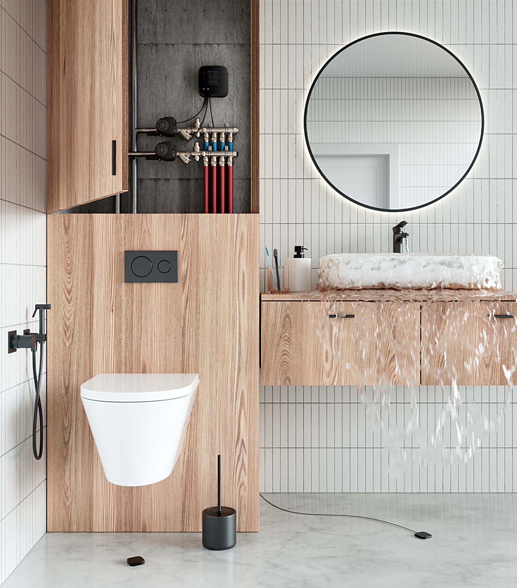 Система защиты от протечек воды Ensystec Leak Protect в интерьере ванной комнаты Контроллер Ensystec Leak Protect с двумя приводами Ensystec Defender, проводным датчиком воды Leak Sensor и беспроводным датчиком Leak Sensor RF в интерьере ванной комнаты