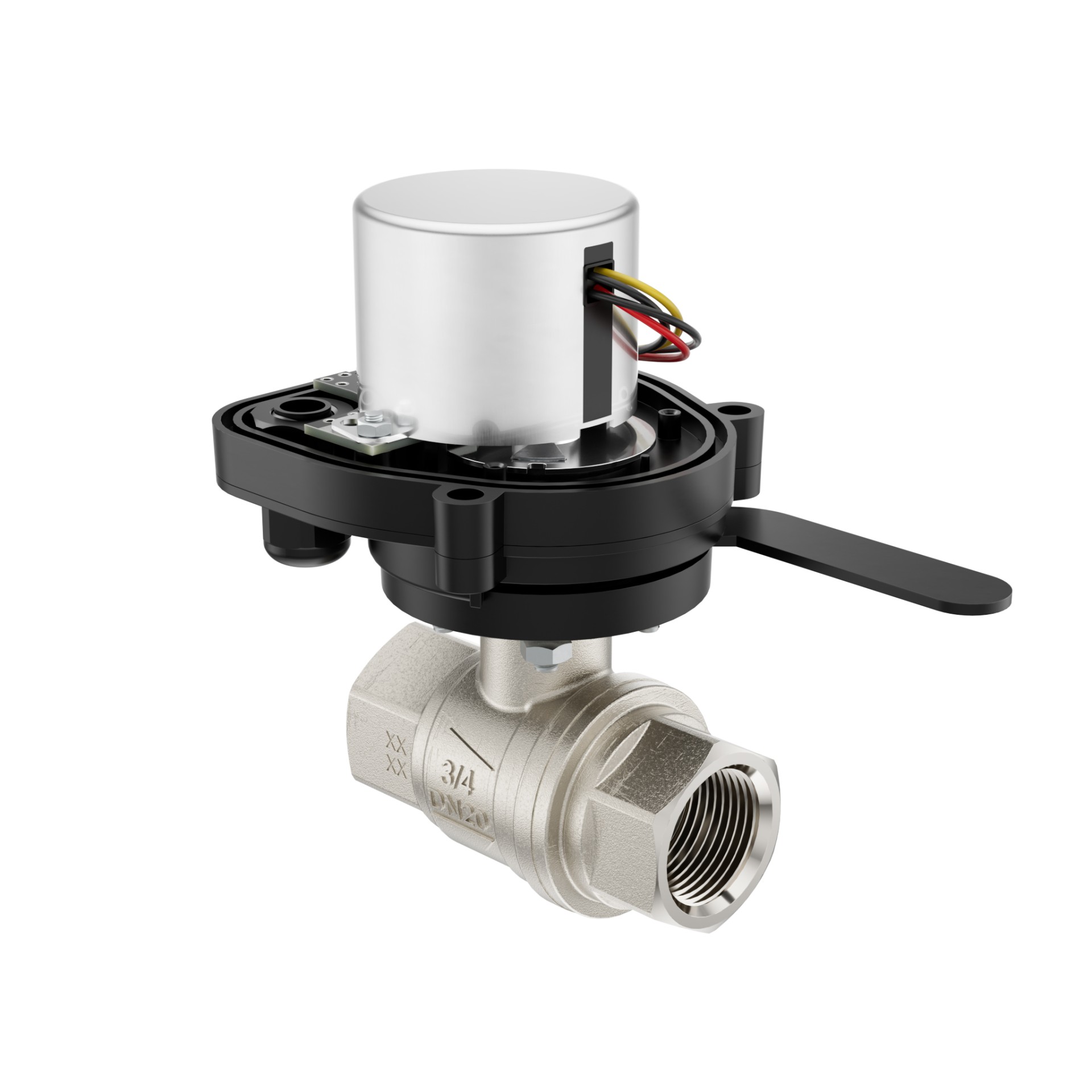 Шаровый кран с электроприводом Ensystec Defender без крышки Шаровый кран с электроприводом Ensystec Defender — вид изнутри на двигатель, плата, диск оптического позиционирования и провода