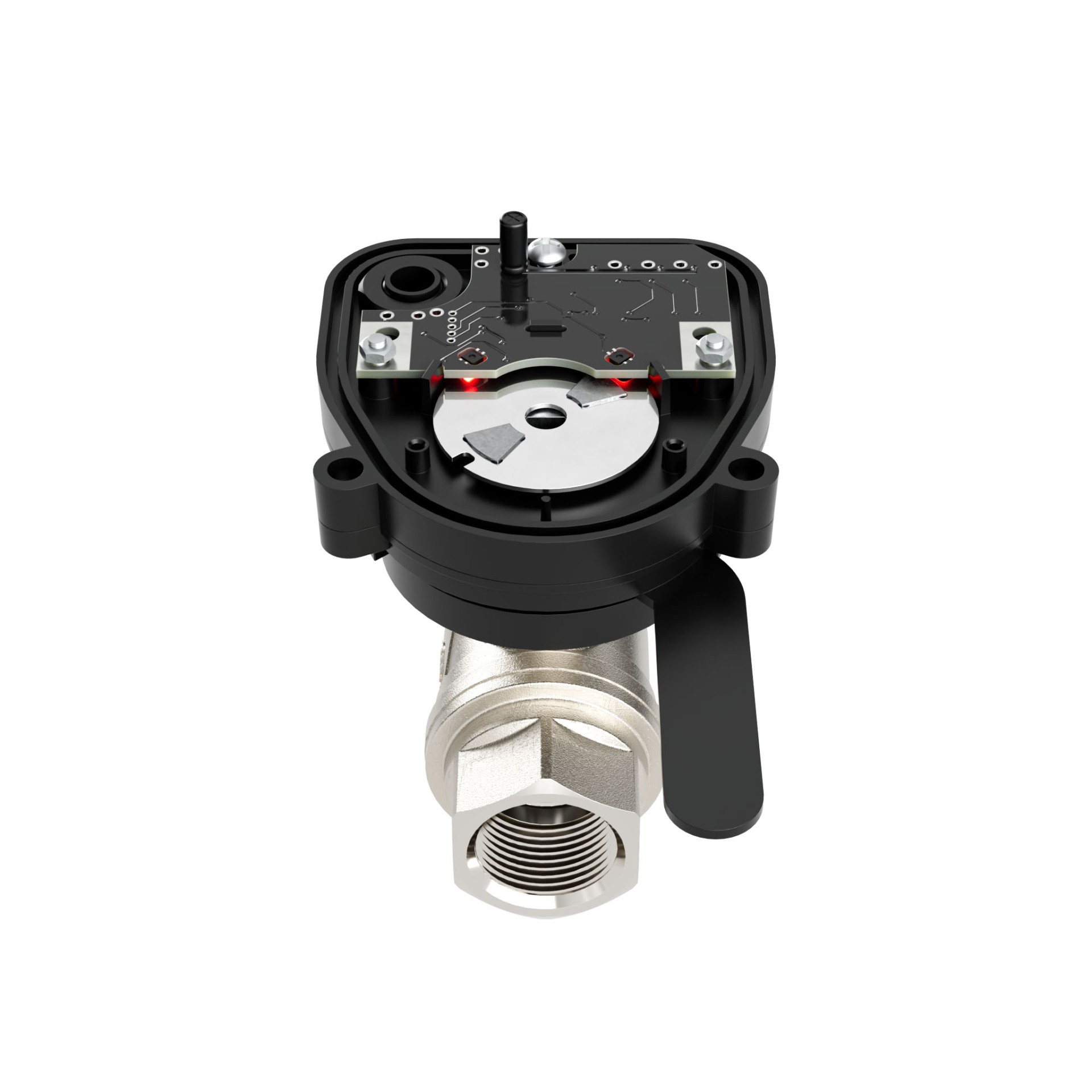 Система оптического определения положения в шаровом кране с электроприводом Ensystec Defender Шаровый кран с электроприводом Ensystec Defender — вид изнутри на диск оптического позиционирования и плату с оптическими датчиками